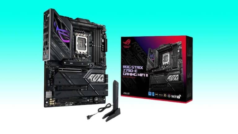 ASUS ROG Strix Z790-E gaming motherboard displayed next to its packaging box on a turquoise background.
