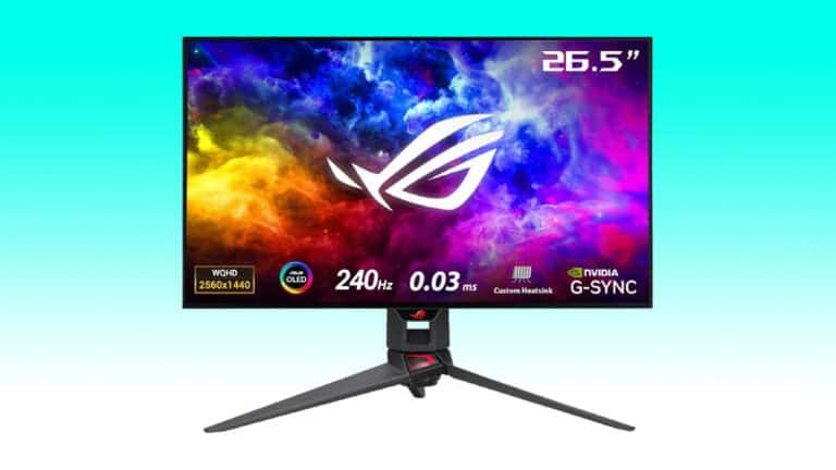 A 26.5-inch gaming monitor displaying vibrant, colorful nebula graphics, featuring logos for 1440P OLED, NVIDIA G-SYNC, and a refresh rate of 240Hz