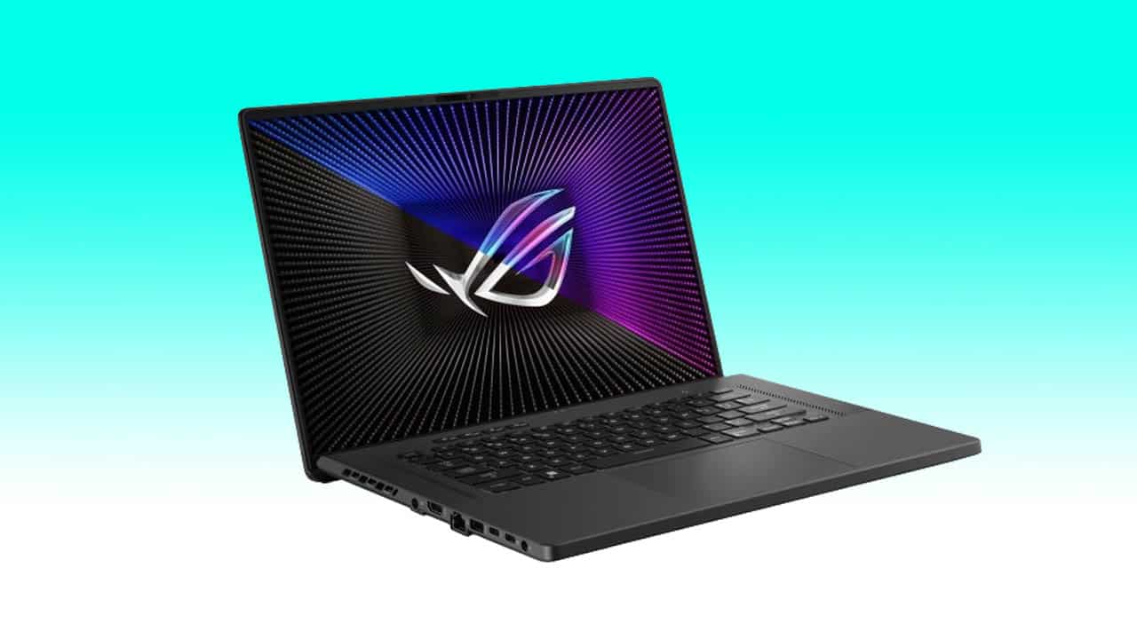 A modern ASUS ROG Zephyrus gaming laptop with an illuminated rgb logo on the back of the screen on a light blue and green gradient background.