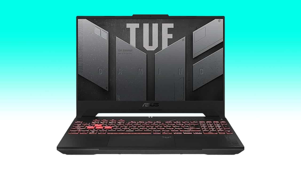 A black Asus TUF gaming laptop with a red-backlit keyboard, displayed against a gradient blue background.