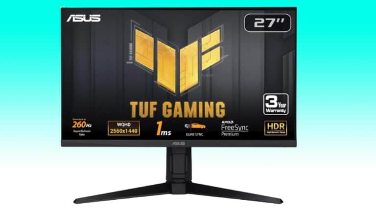 Asus TUF Gaming VG27AQML1A monitor, 27 inches, displaying its features like 1ms response time, 1440p resolution, and HDR on its screen, set