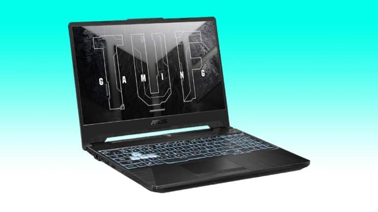 An ASUS TUF Gaming A15 laptop with an open lid, displaying a "TUF Gaming" logo on the screen, set against a turquoise background.