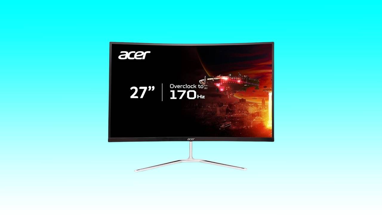 Acer Nitro 27-inch curved gaming monitor displaying vibrant graphics, mounted on a sleek stand, against a blue background.