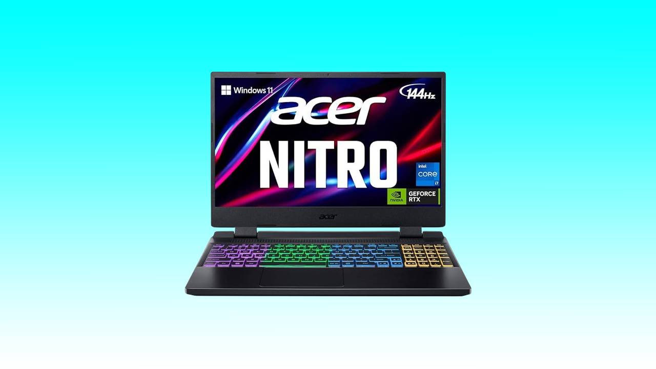 Acer Nitro 5 gaming laptop with an open lid displaying its colorful backlit keyboard and a vibrant screen showcasing the Acer Nitro, Intel, and GeForce RTX logos on a teal background.