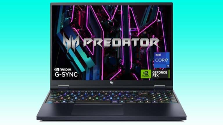 A modern Acer Predator gaming laptop displaying vibrant internal components and graphics, featuring Nvidia and Intel Core i9 logos on the screen, saved as an Auto Draft.