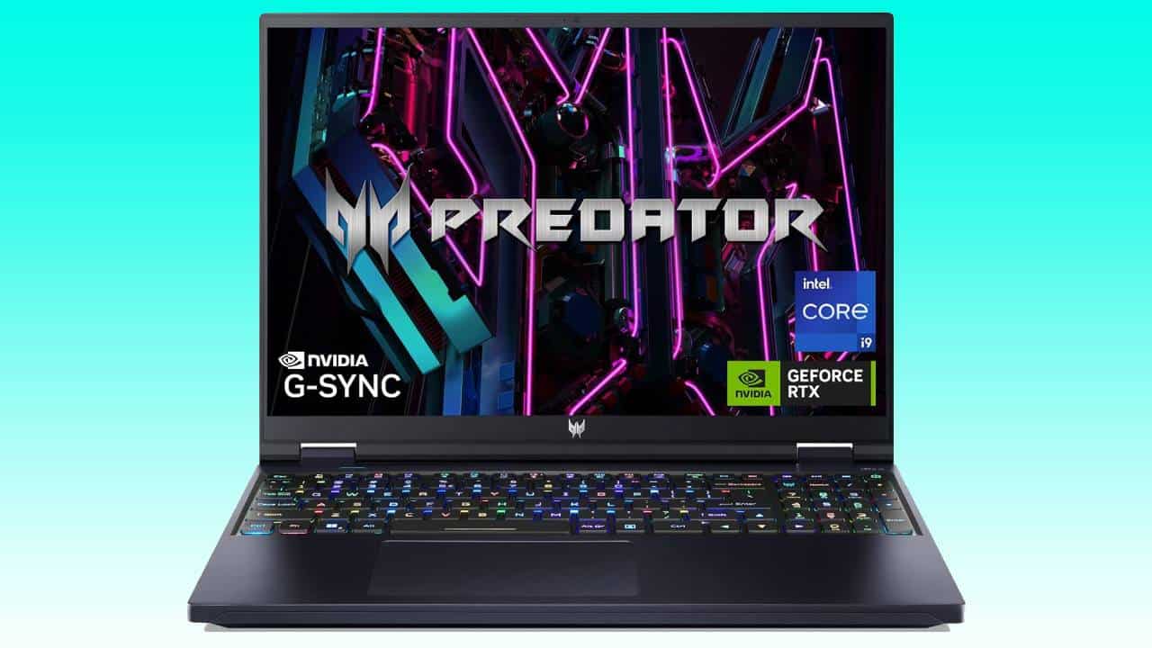 A modern Acer Predator gaming laptop displaying vibrant internal components and graphics, featuring Nvidia and Intel Core i9 logos on the screen, saved as an Auto Draft.