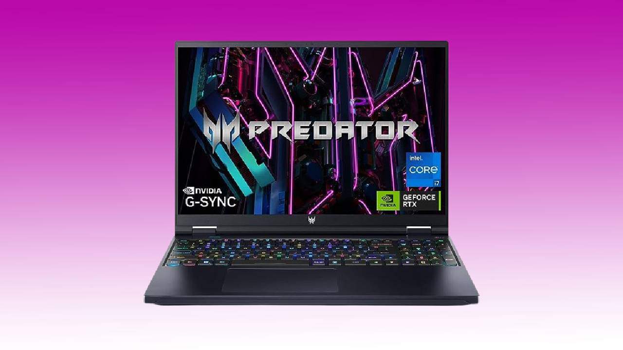 A black Acer Predator Helios 16 gaming laptop displaying colorful graphics on the screen, with visible brand logos for Nvidia G-Sync, Intel Core i7, and GeForce RTX.