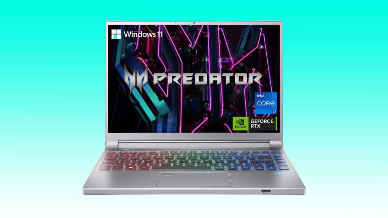 A gaming laptop with an RGB keyboard displaying Predator branding and equipped with Windows 11, Intel Core, and NVIDIA GeForce RTX 4050 graphics.