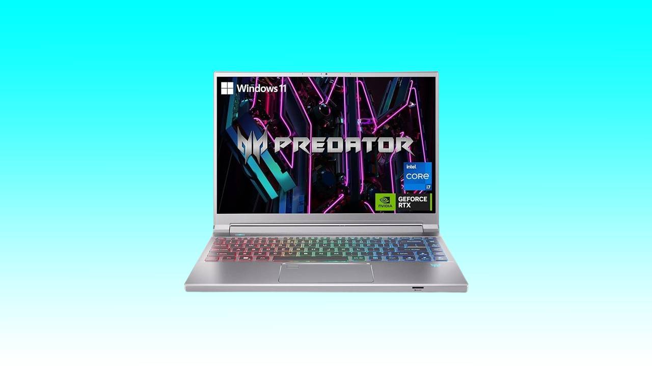 A gaming laptop with colorful keyboard backlighting, featuring a vivid "predator" wallpaper from the Acer Predator Triton 14 series, placed against a turquoise background.