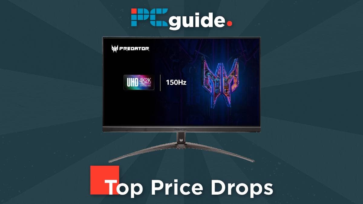 Promotional image for a 4K gaming monitor featuring UHD 4K resolution and 150Hz refresh rate, with the pcguide logo and a "top price drops" banner.