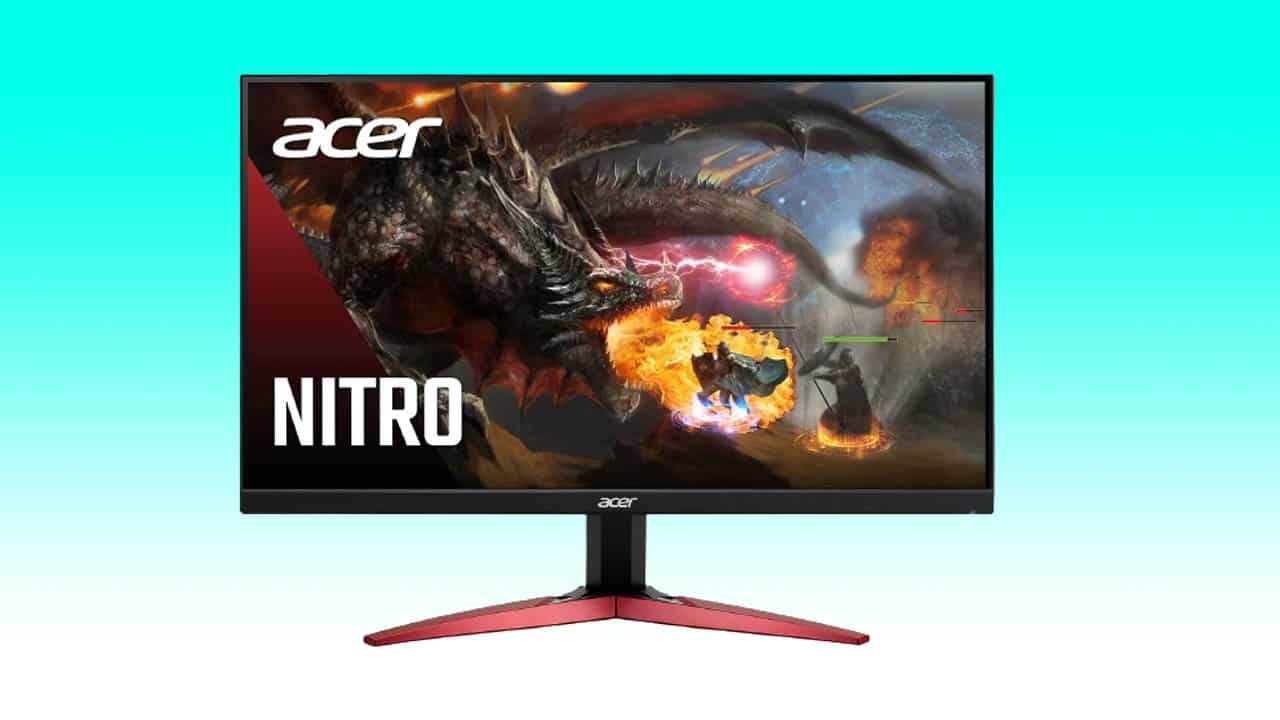 An Acer Nitro UHD 3840 x 2160 monitor displaying vibrant fantasy artwork featuring a dragon breathing fire towards a cloaked figure with a sword.