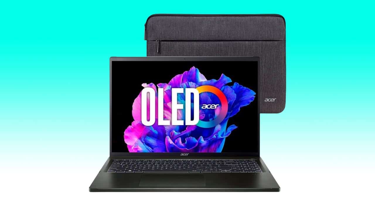 Acer Swift Edge laptop with an OLED screen display and a dark gray carrying sleeve, set against a teal background.