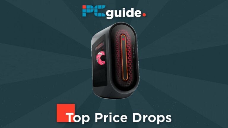 A modern gaming PC tower with red highlights and glass side panel, showcased on a split teal and dark blue background with the text "pcguide" and "lowest price.