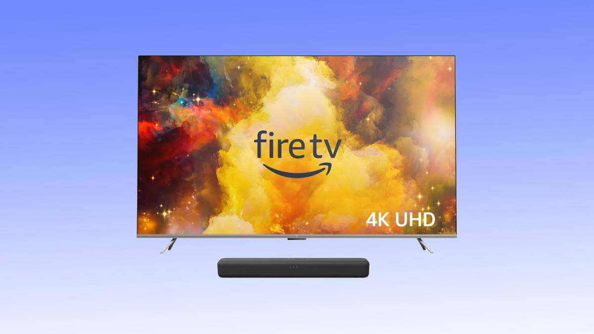 A modern 4k uhd television displaying the colorful fire tv start-up screen, accompanied by a soundbar deal below.