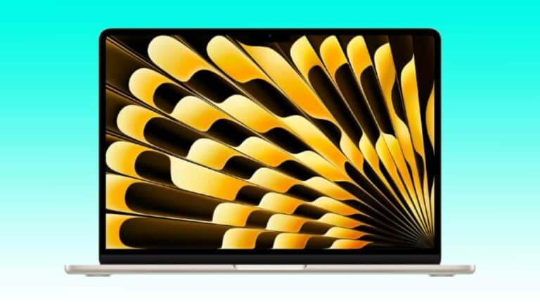 A MacBook Air M3 with a high-quality display showing a vibrant abstract spiral design in yellow and black colors.
