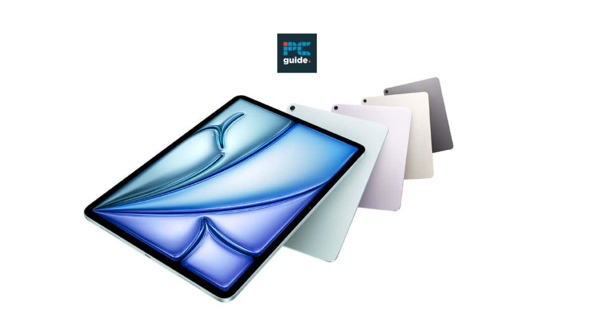 Four Apple iPad Air 2024 tablets in different colors displayed overlapping with a digital artwork on the foremost screen and a "guide" icon in the corner.
