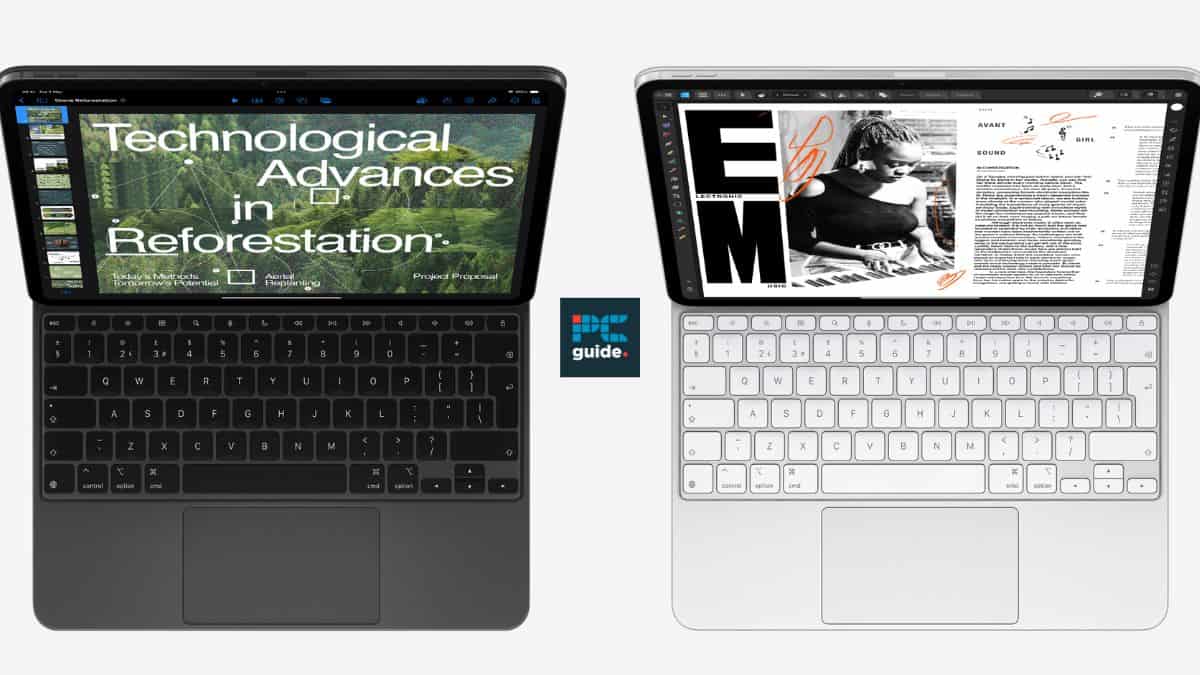 Two Apple iPad Pros with keyboards; one displays an article on technological advances in reforestation, the other shows a fashion magazine layout.