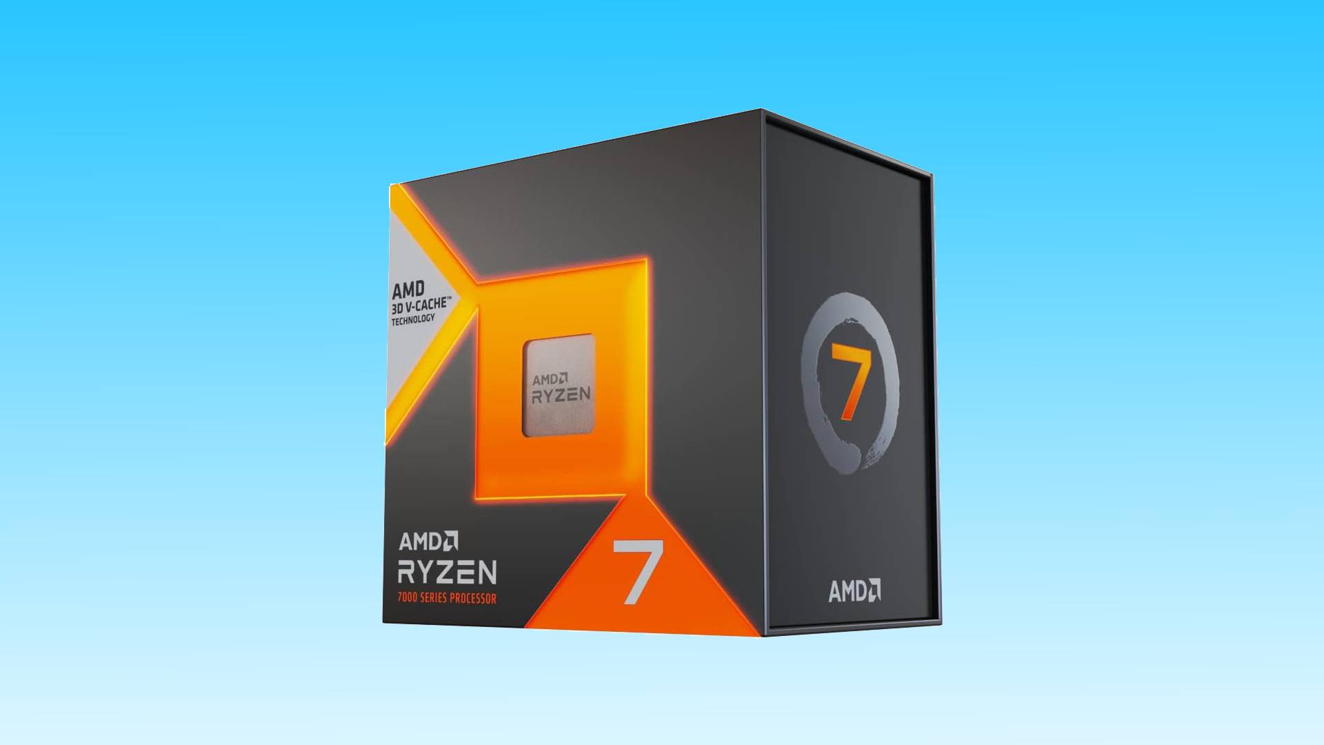 AMD Ryzen 7 7800X3D processor box displaying the logo and branding on a blue gradient background.
