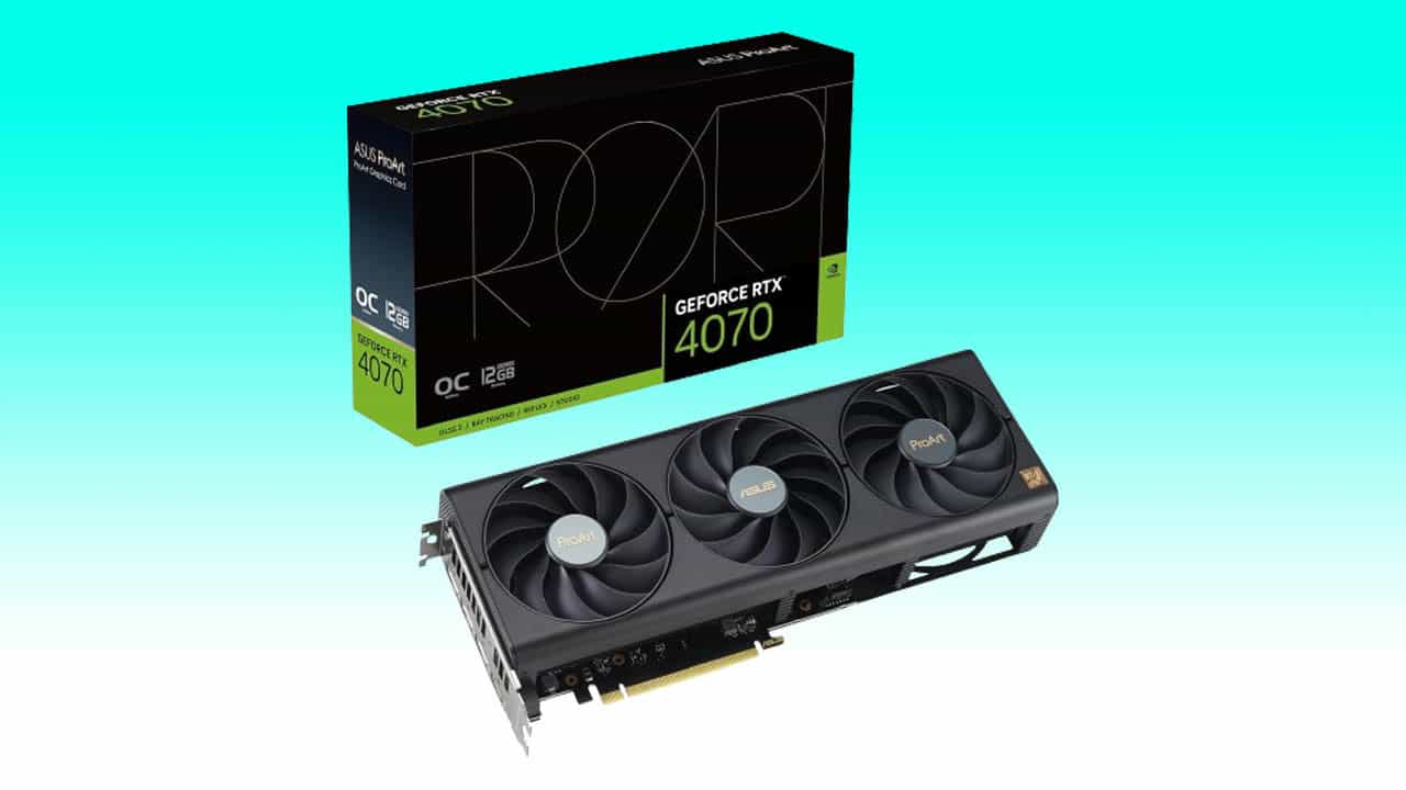 An ASUS ProArt GeForce RTX 4070 OC Edition graphics card beside its box on a gradient blue-green background.
