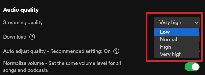 Spotify streaming quality settings menu with options low, normal, high, and very high; 'very high' is selected to reduce CPU usage.