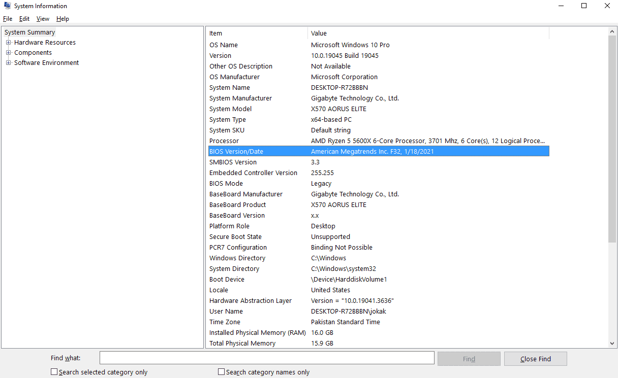 BIOS version and date
