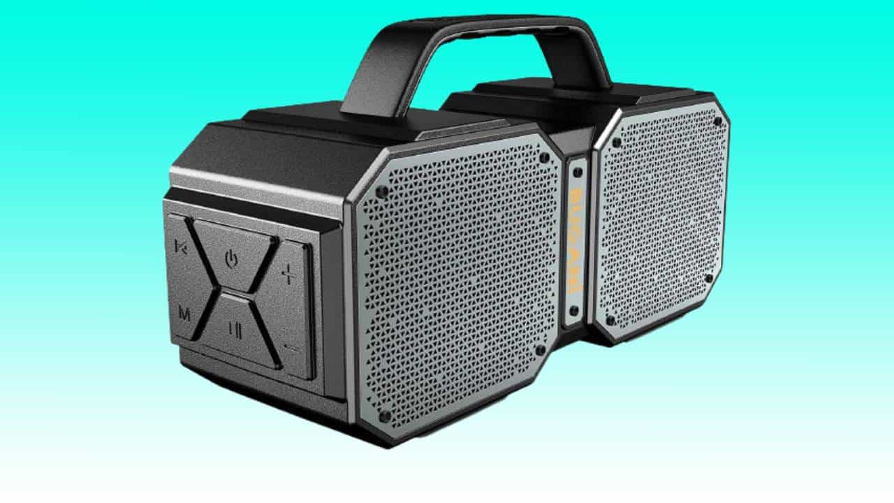 Portable waterproof Bugani Bluetooth speaker against a teal background.