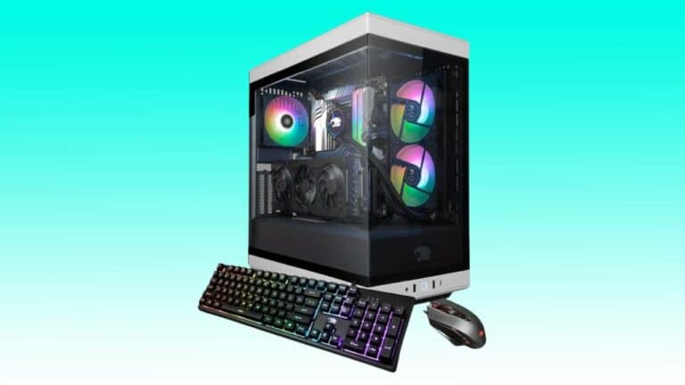 High-end gaming pc with rgb lighting, visible through a transparent case, accompanied by a mechanical keyboard and gaming mouse, set against an auto draft background.