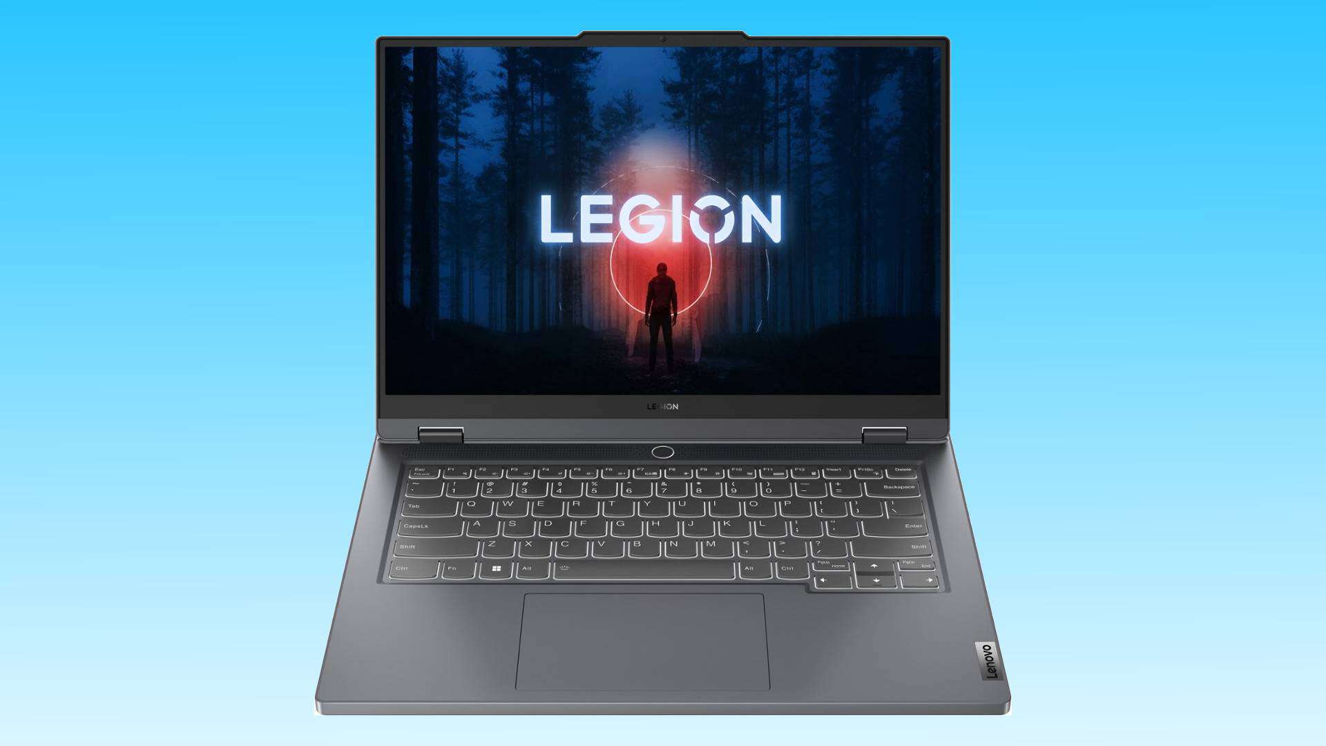 A Lenovo RTX 4060 laptop on a blue gradient background, displaying a mysterious figure standing in a forest with glowing red "legion" text above.