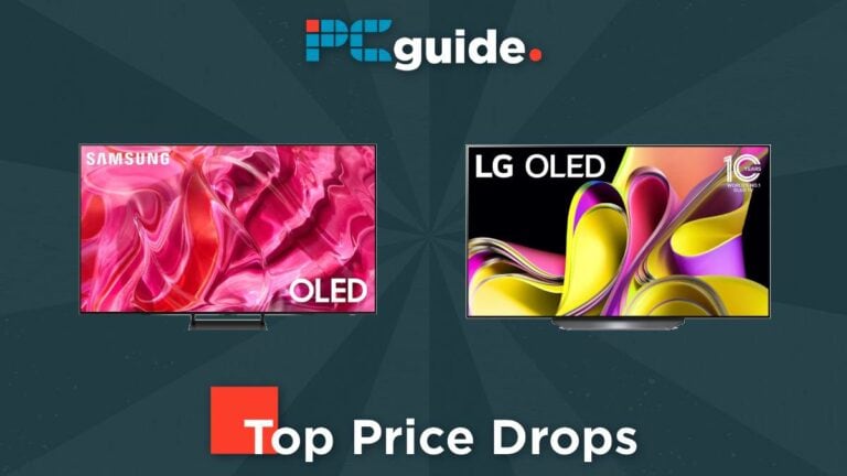 Image showing two TVs, a Samsung OLED and an LG OLED, with vibrant display graphics. It also features the logo of PC Guide and text labeled 'April 2024 Best OLED TV Deals'.