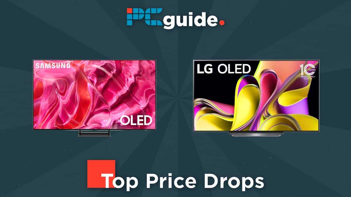 Image showing two TVs, a Samsung OLED and an LG OLED, with vibrant display graphics. It also features the logo of PC Guide and text labeled 'April 2024 Best OLED TV Deals'.