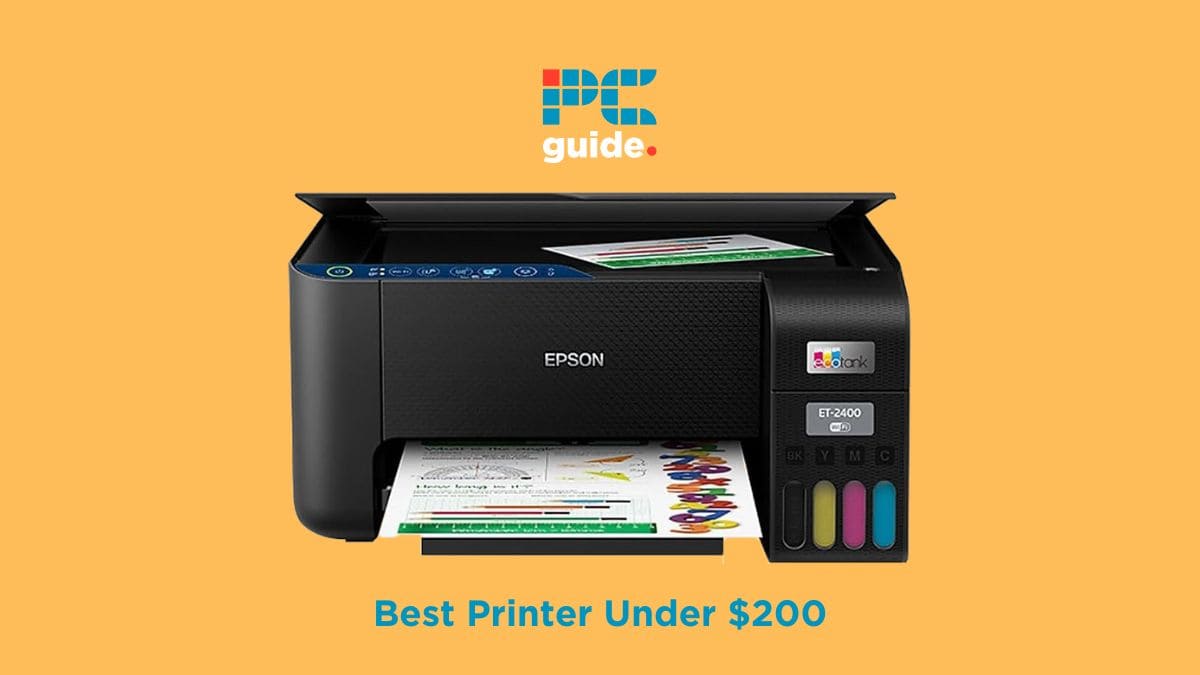 Epson ecotank et-2800 printer displayed on an orange background with text "best printer under $200" from PC Guide.