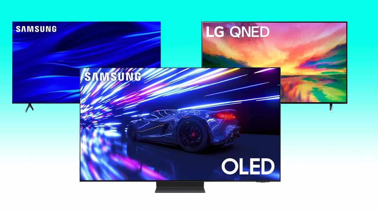 Three high-definition 65-inch TVs displaying vibrant images: a Samsung TV with blue abstract graphics, an LG QNED with a colorful nebula, and an OLED TV showing a dynamic car scene.