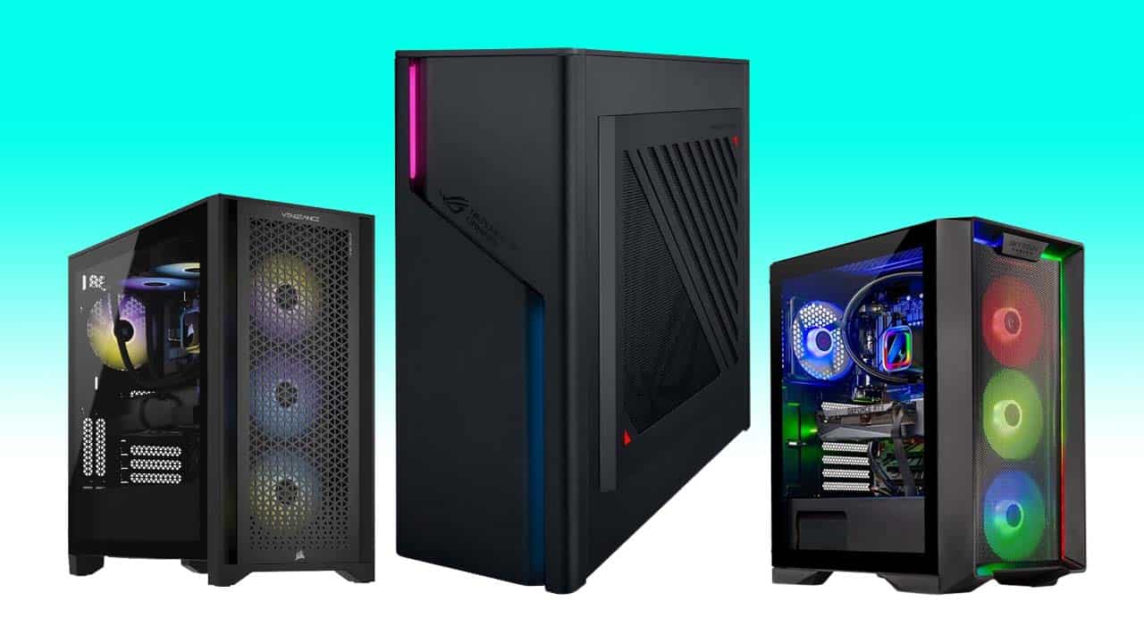Three gaming pc towers showcasing today's best gaming PC designs and rgb lighting against a blue gradient background.