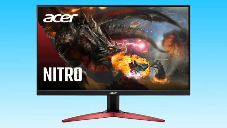 Acer Nitro gaming monitor displaying a vivid fantasy dragon artwork, featuring intense colors and dynamic battle scene.
