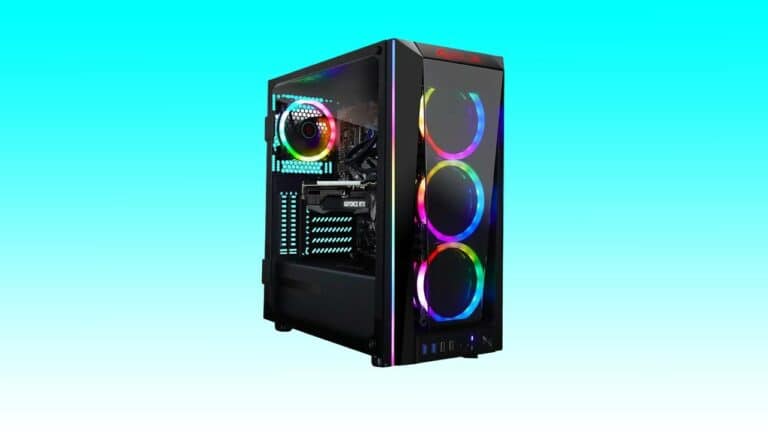 A modern gaming PC tower with a glass side panel showcasing internal components, including an RTX 4060 Ti, and multicolored LED fans on a gradient blue background.