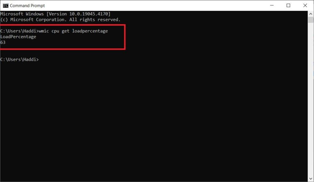Command prompt window open on a Windows 10 system, displaying text input that incorrectly attempts to check CPU usage by seeking a 'loadpercentage.'.