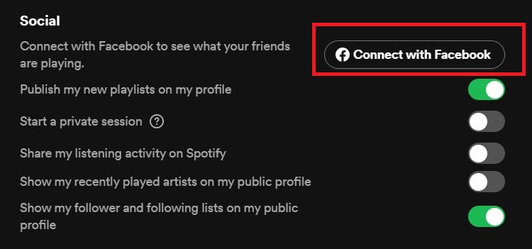Screenshot of a settings menu with an option highlighted to "connect with Facebook," alongside other social sharing toggles to optimize Spotify performance.