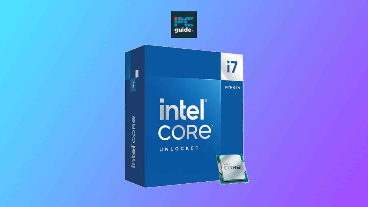 Intel Core i7-14700K processor box with CPU on a blue and purple gradient background, priced below $400.