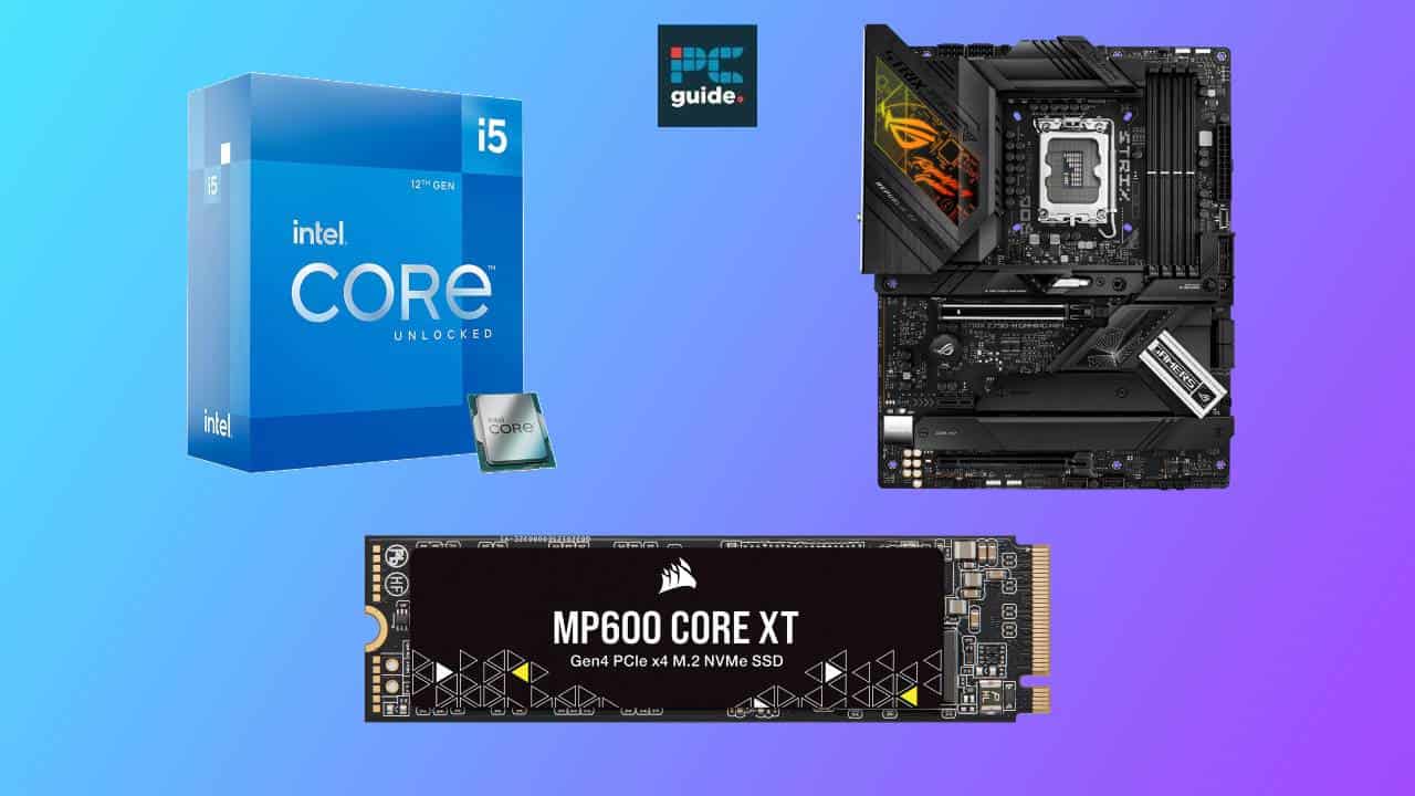 An Intel Core i5 processor box, a desktop motherboard, and a Corsair MP600 Core XT NVMe SSD bundle against a blue background.