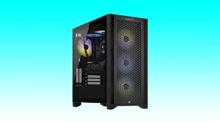A modern gaming PC tower with a transparent side panel showing internal components and LED lights, set against a blue gradient background.