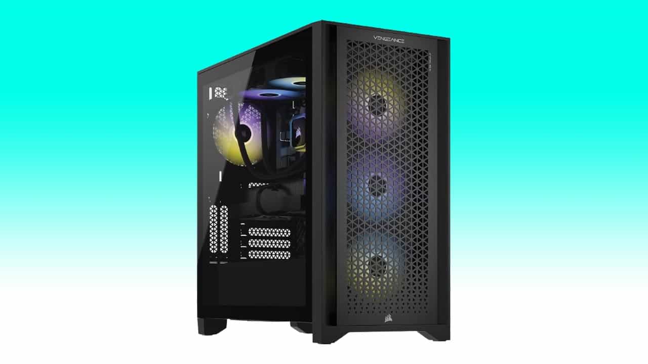 A high-end gaming PC deal with a transparent side panel showcasing internal components and LED lights, set against a gradient blue background.
