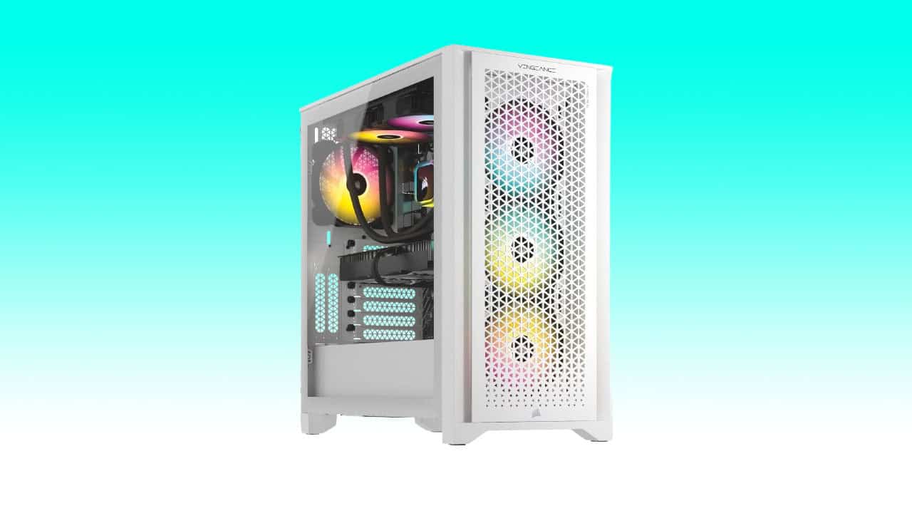 White gaming pc tower with a transparent side panel showcasing vibrant internal led lights and multiple cooling fans, featuring an Intel Core i5 14600KF CPU, set against a gradient blue background.