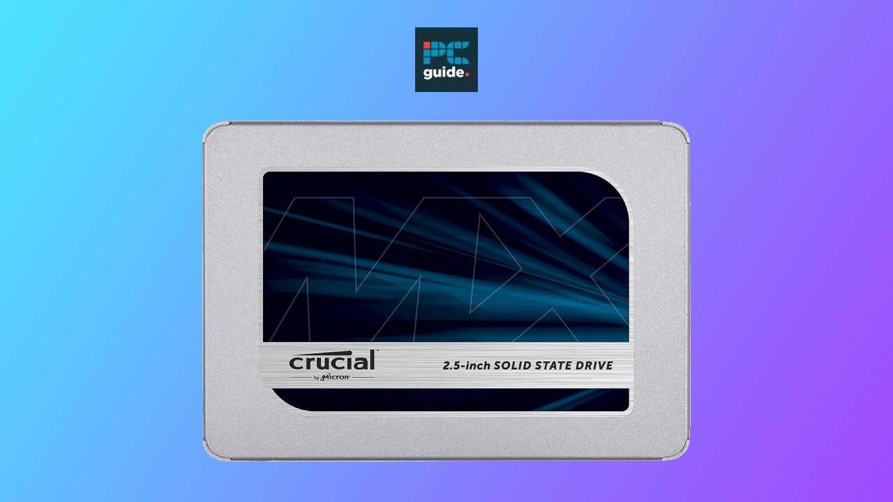 A 2.5-inch Crucial internal SSD with 500GB storage against a blue gradient background.