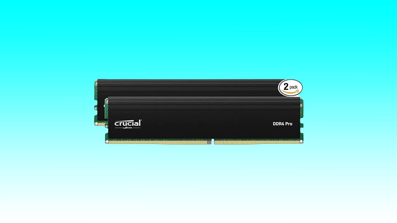 A crucial ddr4 *Crucial Pro RAM* stick with a 2xk label on a teal background.
