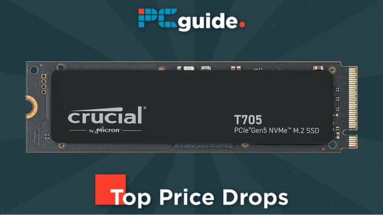 Crucial by micron pcie gen5 nvme 4TB SSD displayed against a blue background with "pc guide" and "top price drops" logos.