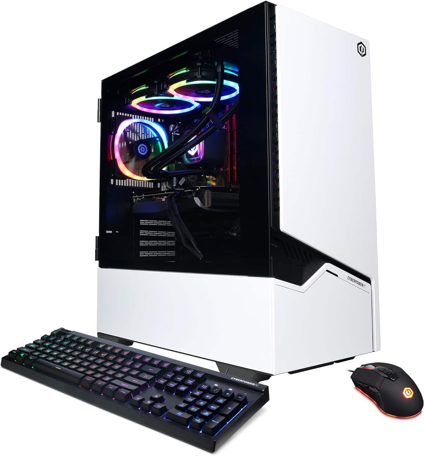 A modern CyberPowerPC gaming pc with rgb lighting inside a white tower case, accompanied by a multicolored backlit keyboard and a gaming mouse on a white background.
