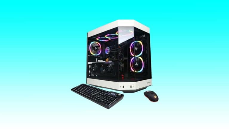 High-end CyberPowerPC Gamer Xtreme VR with rgb lighting, accompanied by a keyboard and mouse, against a turquoise background.