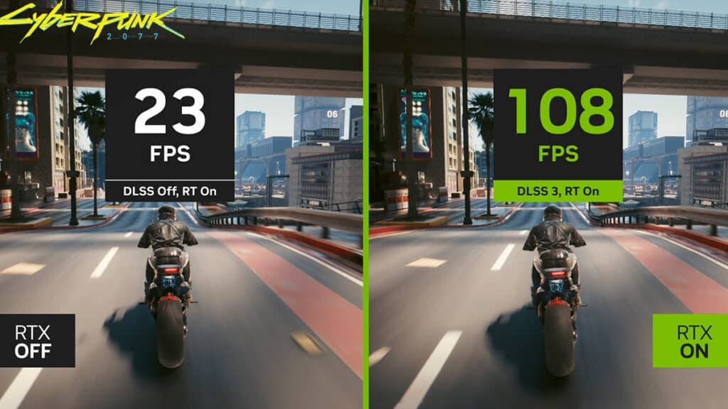 Comparison of game graphics in Cyberpunk 2077 with RTX off and on, featuring Nvidia DLSS 3.7; left image at 23 fps, right image at 108 fps.