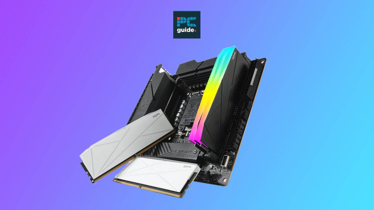 A motherboard with DDR5 memory, rgb lighting, and multiple ram modules placed against a dual-tone purple and blue background, with a "guide" logo in the corner.