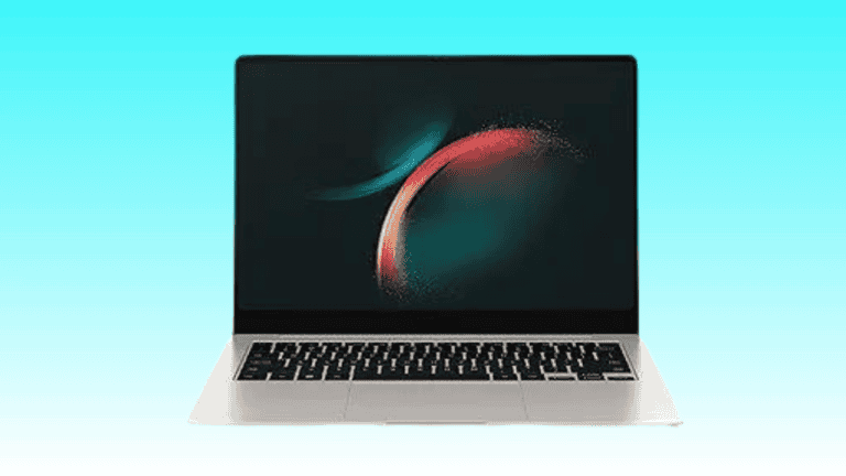 Laptop on a turquoise background, open with an abstract swirl of red and blue on the screen.